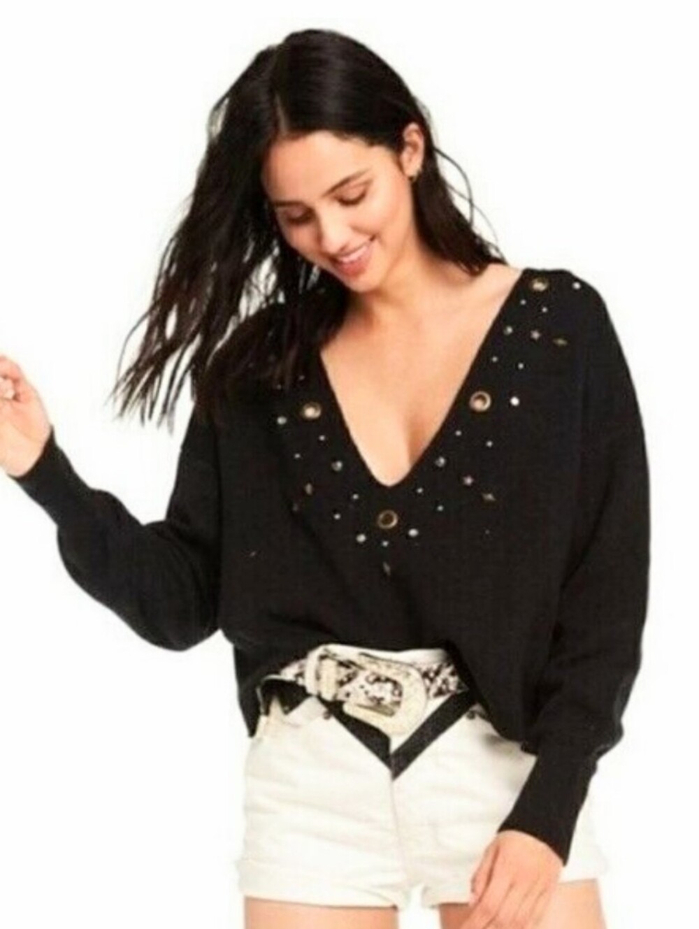 🆕 WILDFOX "CELINE" BLACK NAVY V-NECK CROPPED STUDDED WOOL BLEND SWEATER